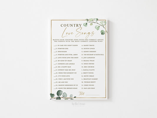 Country Love Songs Bridal Shower Trivia Game . Greenery and Gold . Printable Icebreaker . Hens Bachelorette Party . Instant Download G2