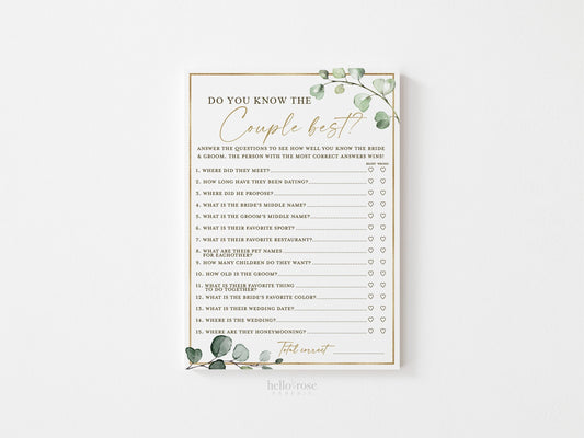 Do You Know Couple Best Bridal Shower Printable Game . Greenery and Gold . Fun Boho Game . Hens Bachelorette Party . Instant Download G2