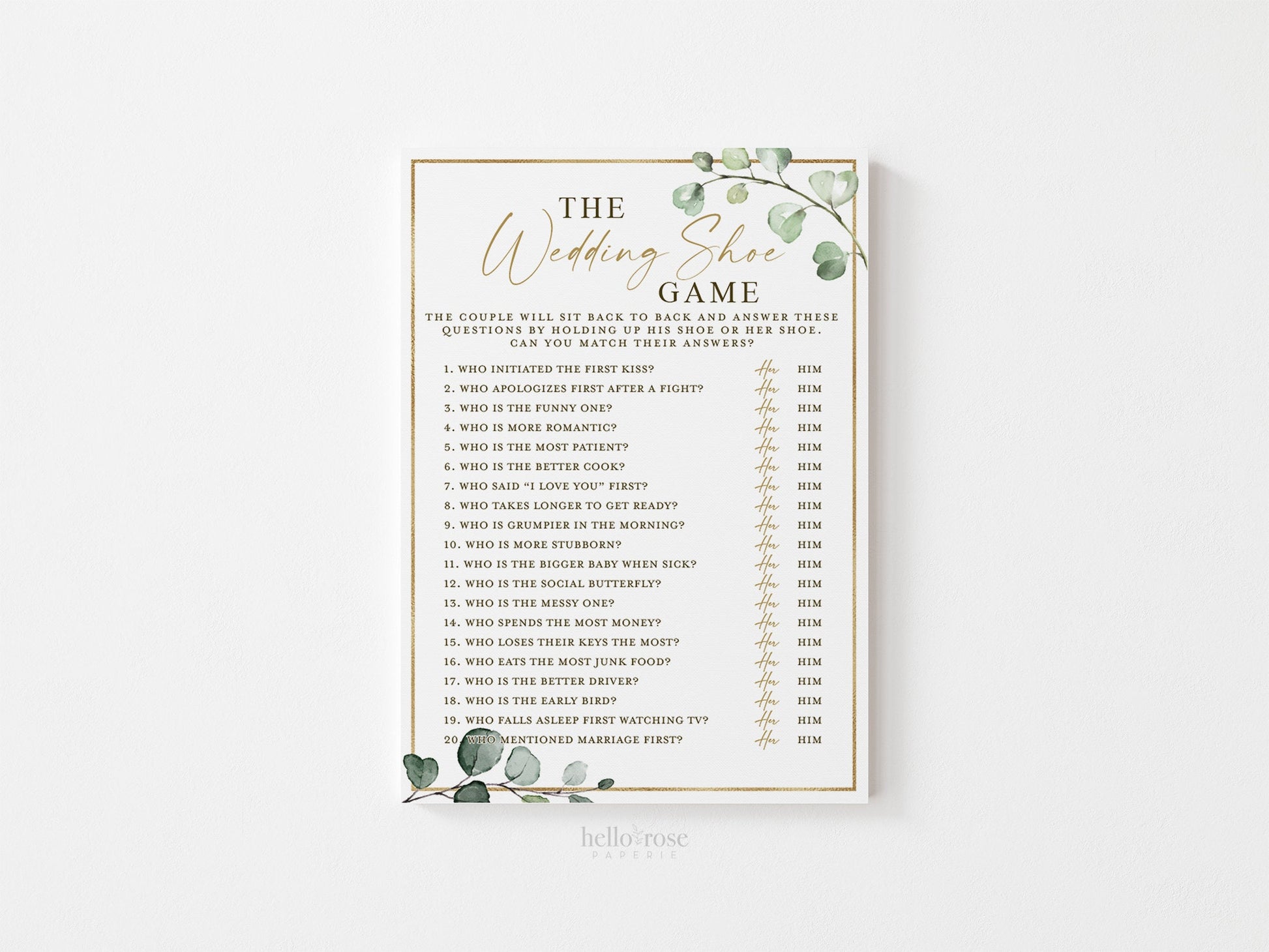 The Wedding Shoe Printable Bridal Shower Wedding Game . Fun Couple Game . Greenery and Gold . Hens Bachelorette Party . Instant Download G2