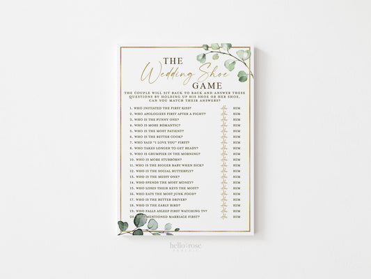 The Wedding Shoe Printable Bridal Shower Wedding Game . Fun Couple Game . Greenery and Gold . Hens Bachelorette Party . Instant Download G2