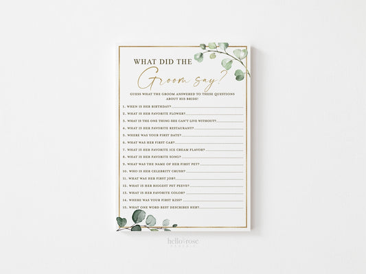 What Did the Groom Say . Bridal Shower Wedding Printable Game . Greenery and Gold . Hens Bachelorette Party . Instant Download G2