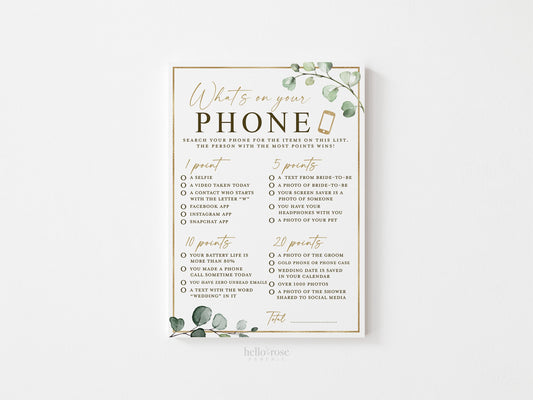 What's on Your Phone Bridal Shower Printable Game . Greenery and Gold . Fun Rustic Game . Hens Bachelorette Party . Instant Download G2