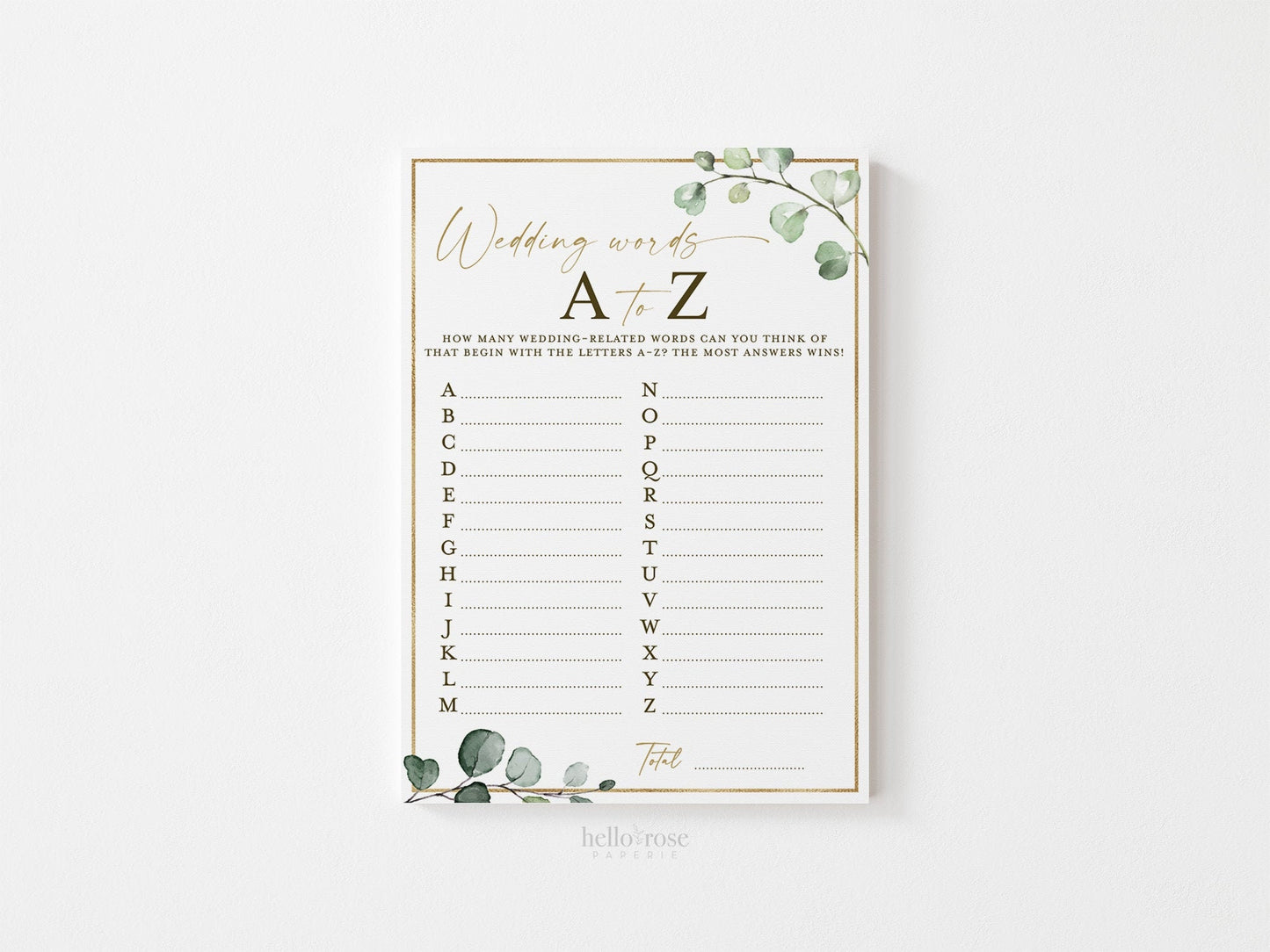 Wedding Words A to Z Bridal Shower Printable Game . Greenery and Gold . Fun Rustic Game . Hens Bachelorette Party . Instant Download G2