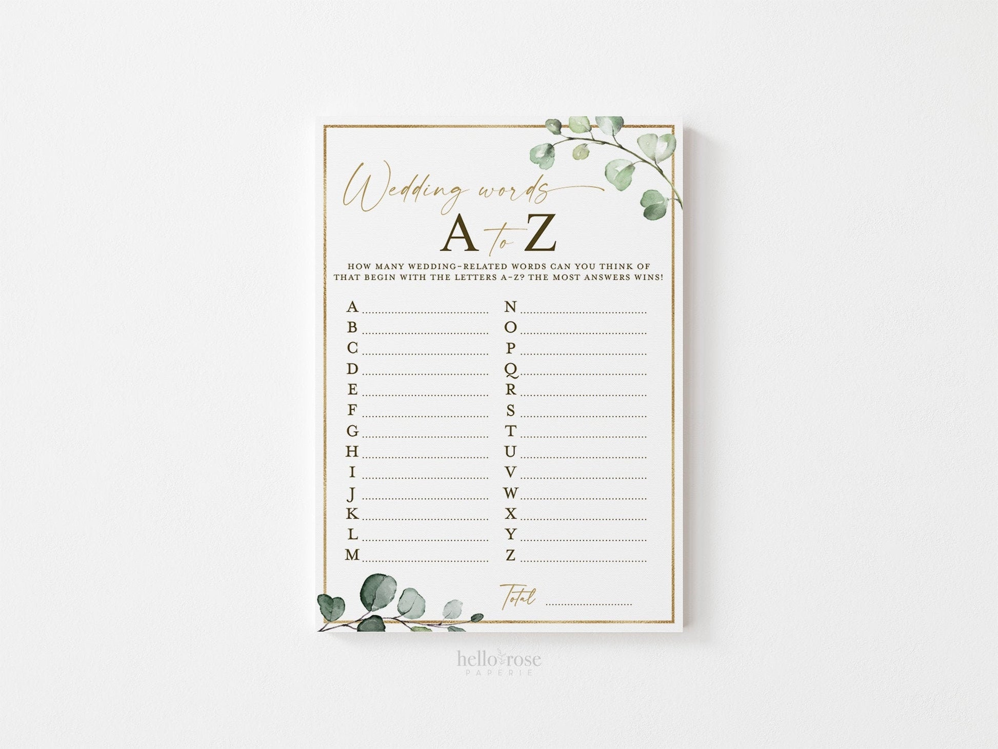 Wedding Words A to Z Bridal Shower Printable Game . Greenery and Gold . Fun Rustic Game . Hens Bachelorette Party . Instant Download G2