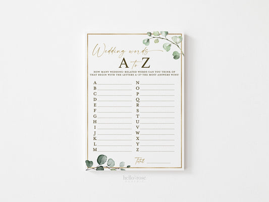Wedding Words A to Z Bridal Shower Printable Game . Greenery and Gold . Fun Rustic Game . Hens Bachelorette Party . Instant Download G2