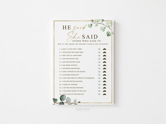 He Said She Said Who Said It Bridal Shower Printable Game . Bride Groom . Greenery and Gold . Hens Bachelorette Party . Instant Download G2