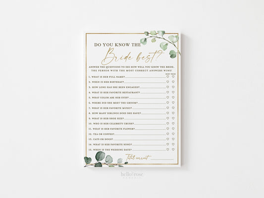 Do You Know the Bride Best Bridal Shower Printable Game . Greenery and Gold . Fun Boho Game . Hens Bachelorette Party . Instant Download G2