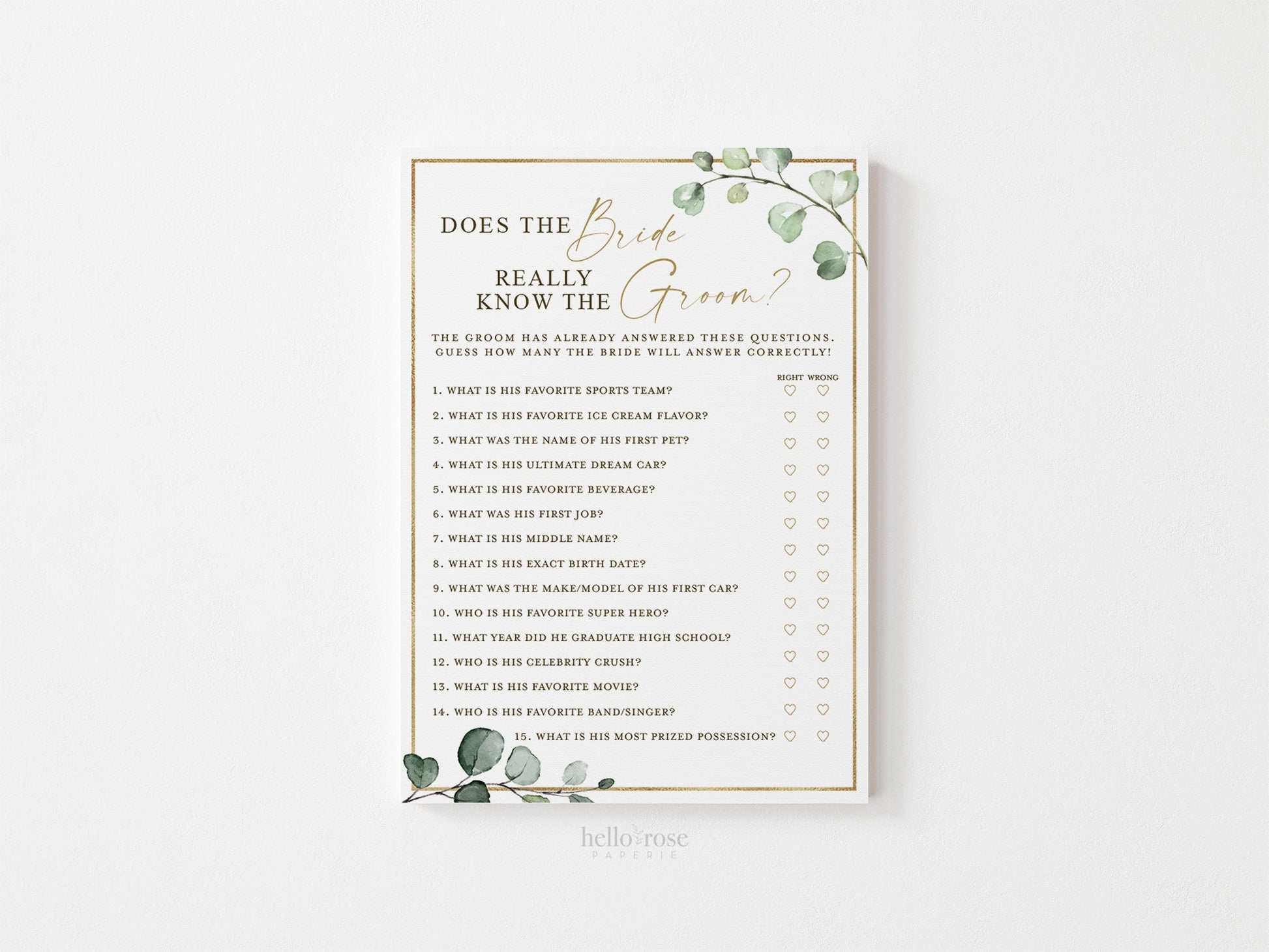 Does the Bride Really Know the Groom Bridal Shower Printable Game . Greenery and Gold . Hens Bachelorette Party . Instant Download G2