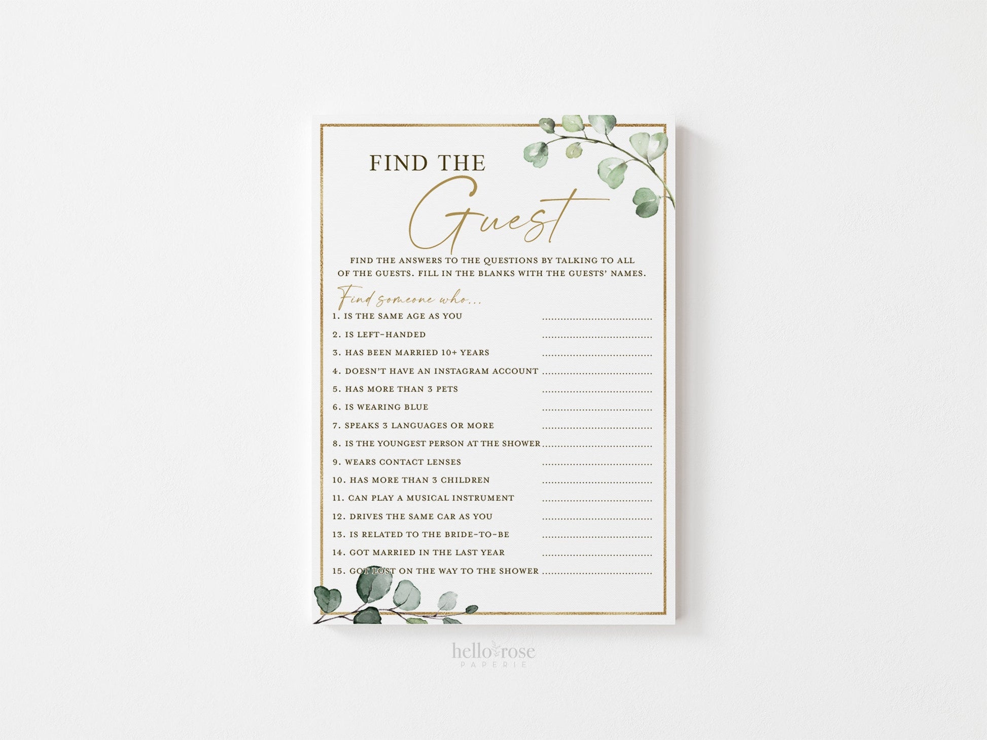 Find the Guest Bridal Shower Printable Icebreaker Game . Greenery and Gold . Fun Rustic Game . Hens Bachelorette Party . Instant Download G2