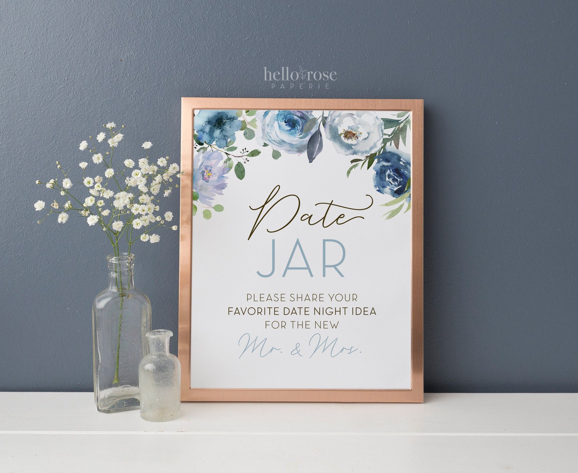 Date Night Ideas Jar Printable Sign . Blue Floral Watercolor . Bridal Shower Wedding Engagement Bachelorette Hens . Instant Digital Download