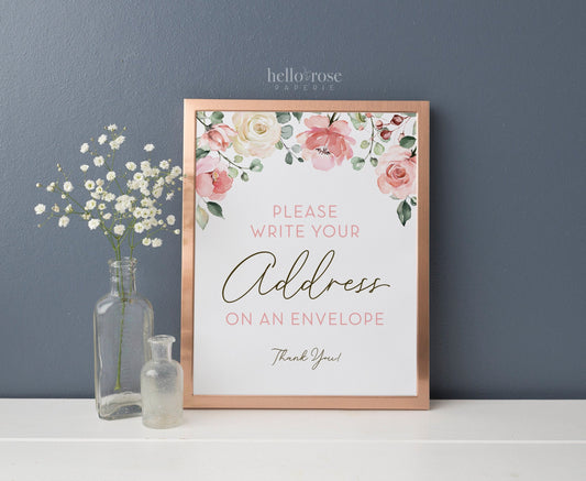 Please Write Your Address on an Envelope Printable Sign 8x10 . Pink Floral Watercolor . Baby Bridal Shower Wedding Party . Instant Download