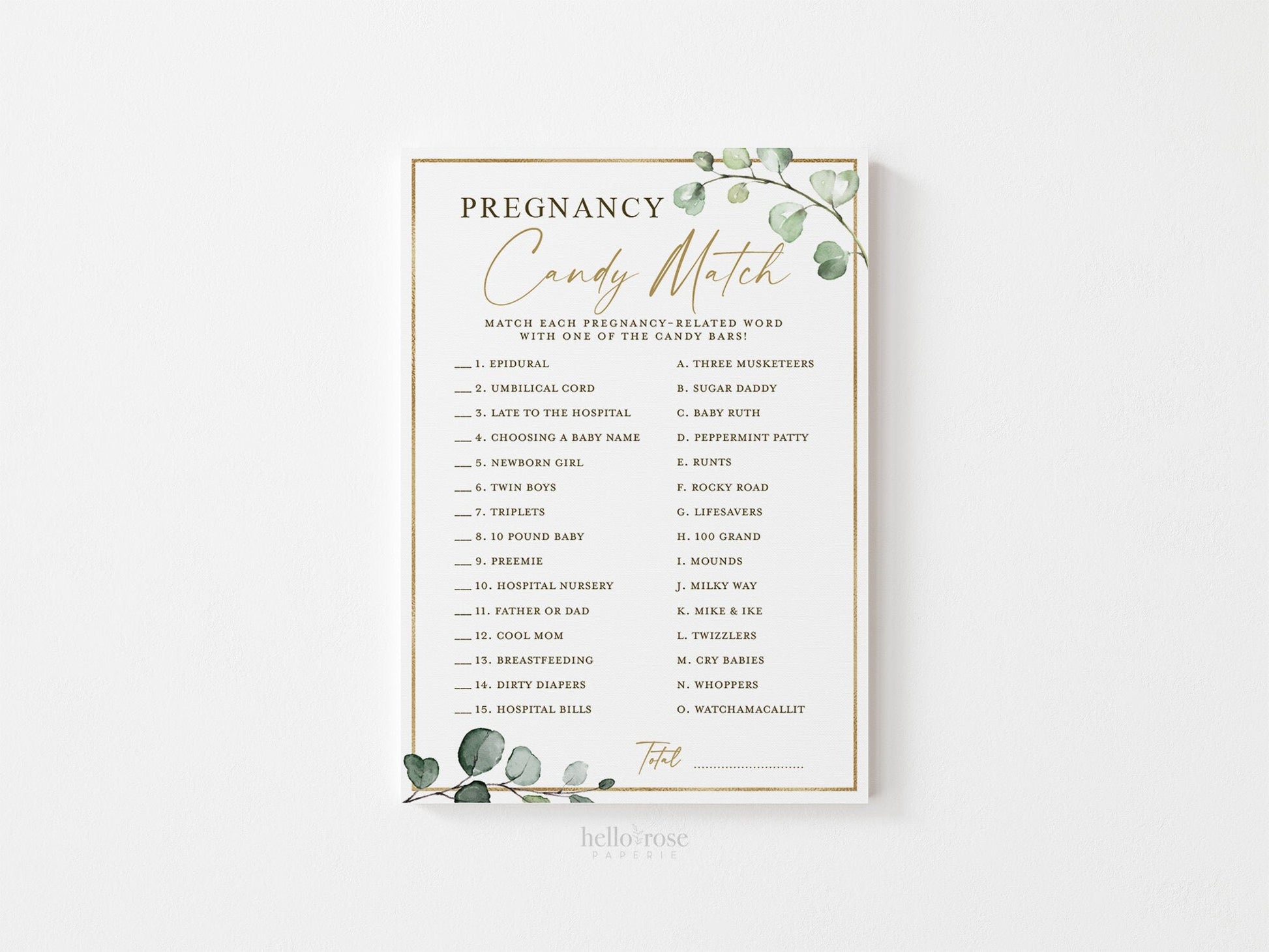 Pregnancy Candy Match Baby Shower Trivia Game . Greenery and Gold . Printable Icebreaker . Sip and See Gender Reveal . Instant Download G2