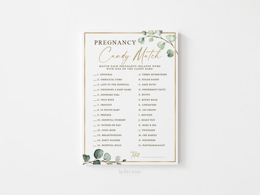 Pregnancy Candy Match Baby Shower Trivia Game . Greenery and Gold . Printable Icebreaker . Sip and See Gender Reveal . Instant Download G2