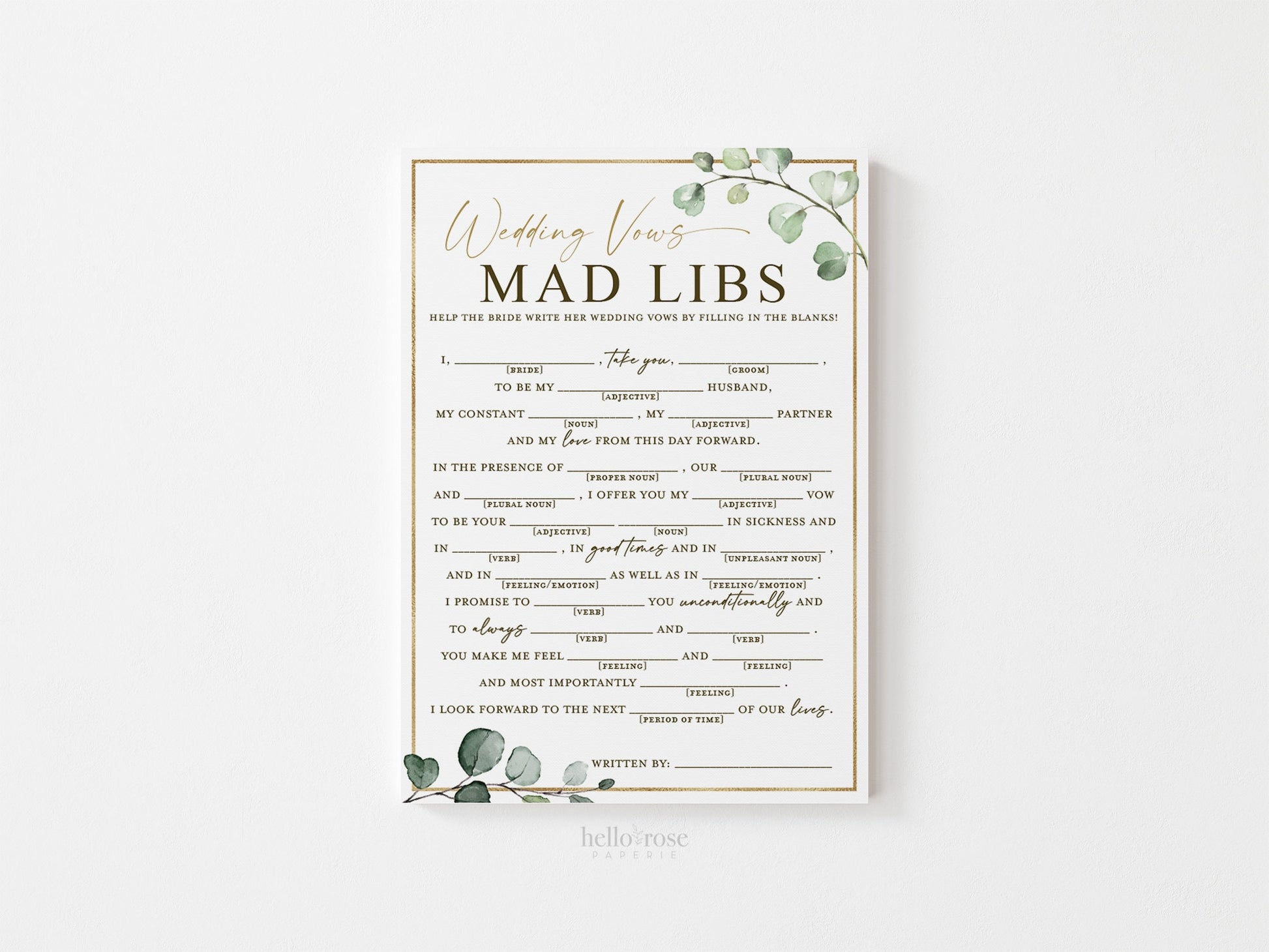 Wedding Vows Mad Libs Fun Bridal Shower Printable Game . Greenery and Gold . Rehearsal Dinner Hens Bachelorette Party . Instant Download G2