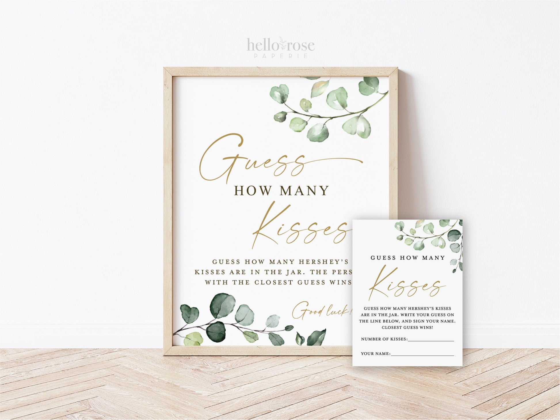 Guess How Many Kisses Cards and Sign Printable . Greenery + Gold . Bridal Shower Wedding Bachelorette Hens Party . Instant Download G2