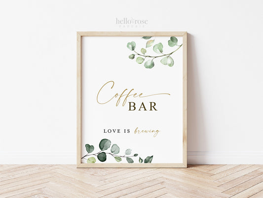 Coffee Bar Sign Printable . Greenery and Gold . Wedding Couples Engagement Bridal Shower Bachelorette Hens Party . Instant Download 8x10 G2