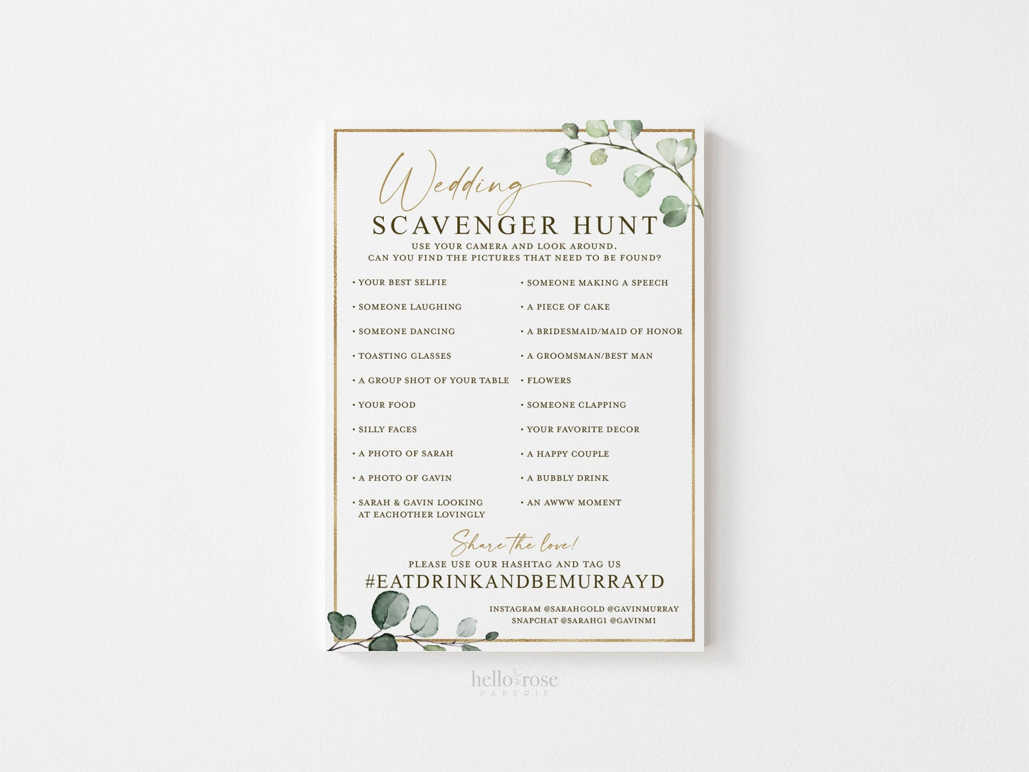 Wedding Photo Scavenger Hunt Personalized Game . Wedding Reception Game with Hashtag . I Spy Camera . Greenery Gold . Printable Download G2