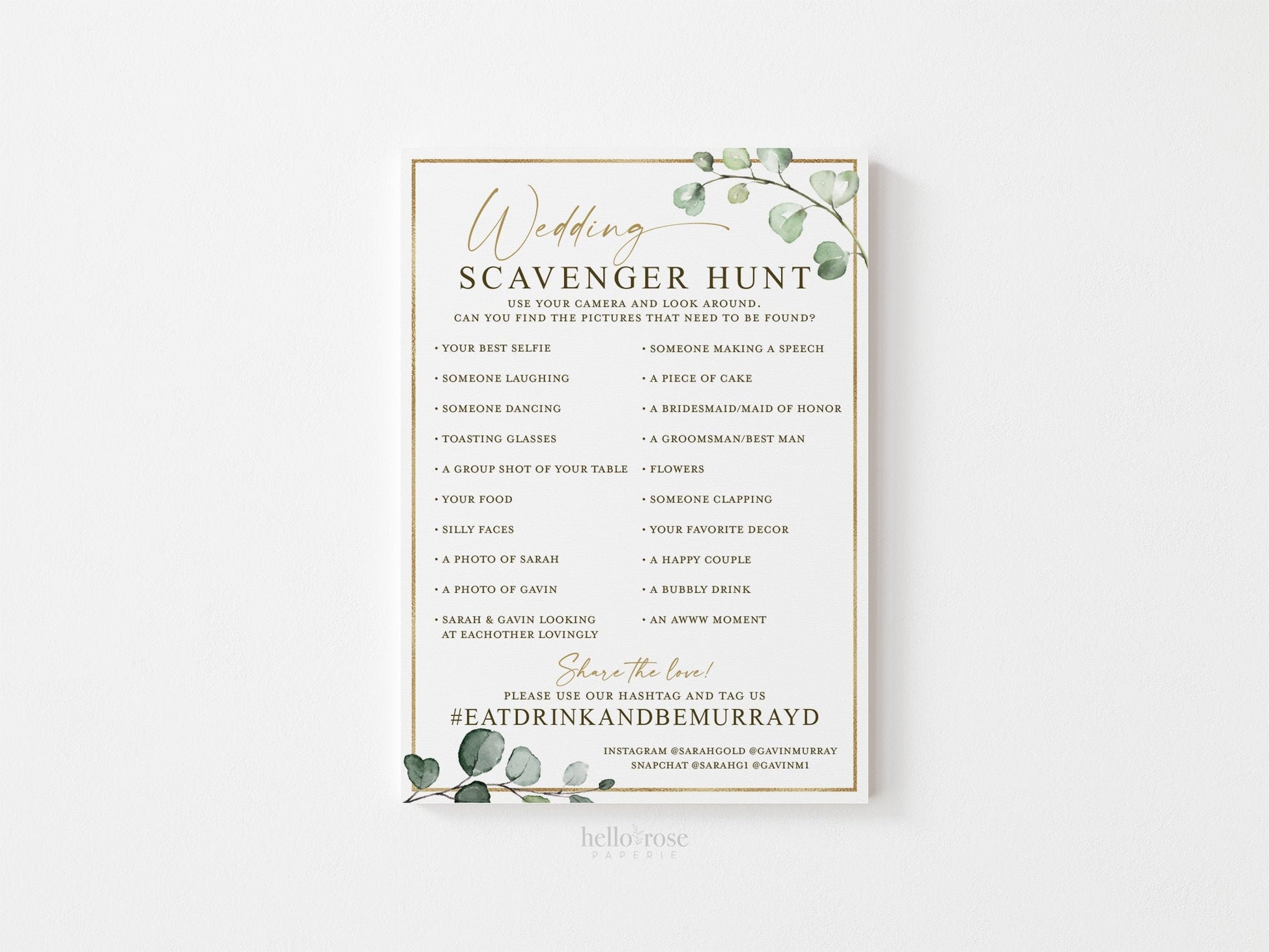 Wedding Photo Scavenger Hunt Personalized Game . Wedding Reception Game with Hashtag . I Spy Camera . Greenery Gold . Printable Download G2