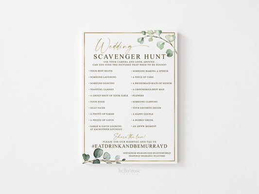 Wedding Photo Scavenger Hunt Personalized Game . Wedding Reception Game with Hashtag . I Spy Camera . Greenery Gold . Printable Download G2
