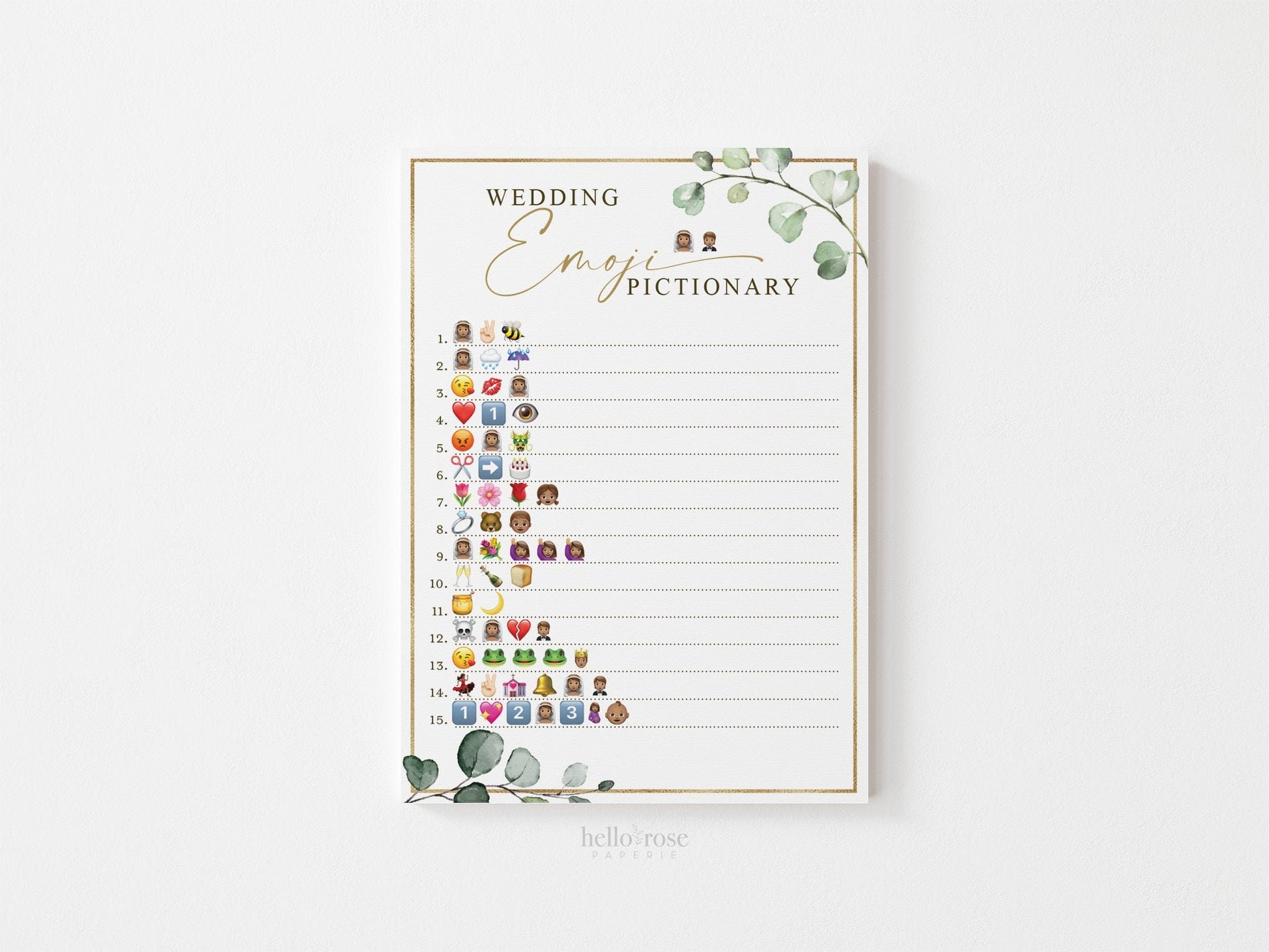 Wedding Emoji Medium Skin Pictionary Bridal Shower Game . Black Bride and Groom . Greenery + Gold . Bachelorette Party . Instant Download G2