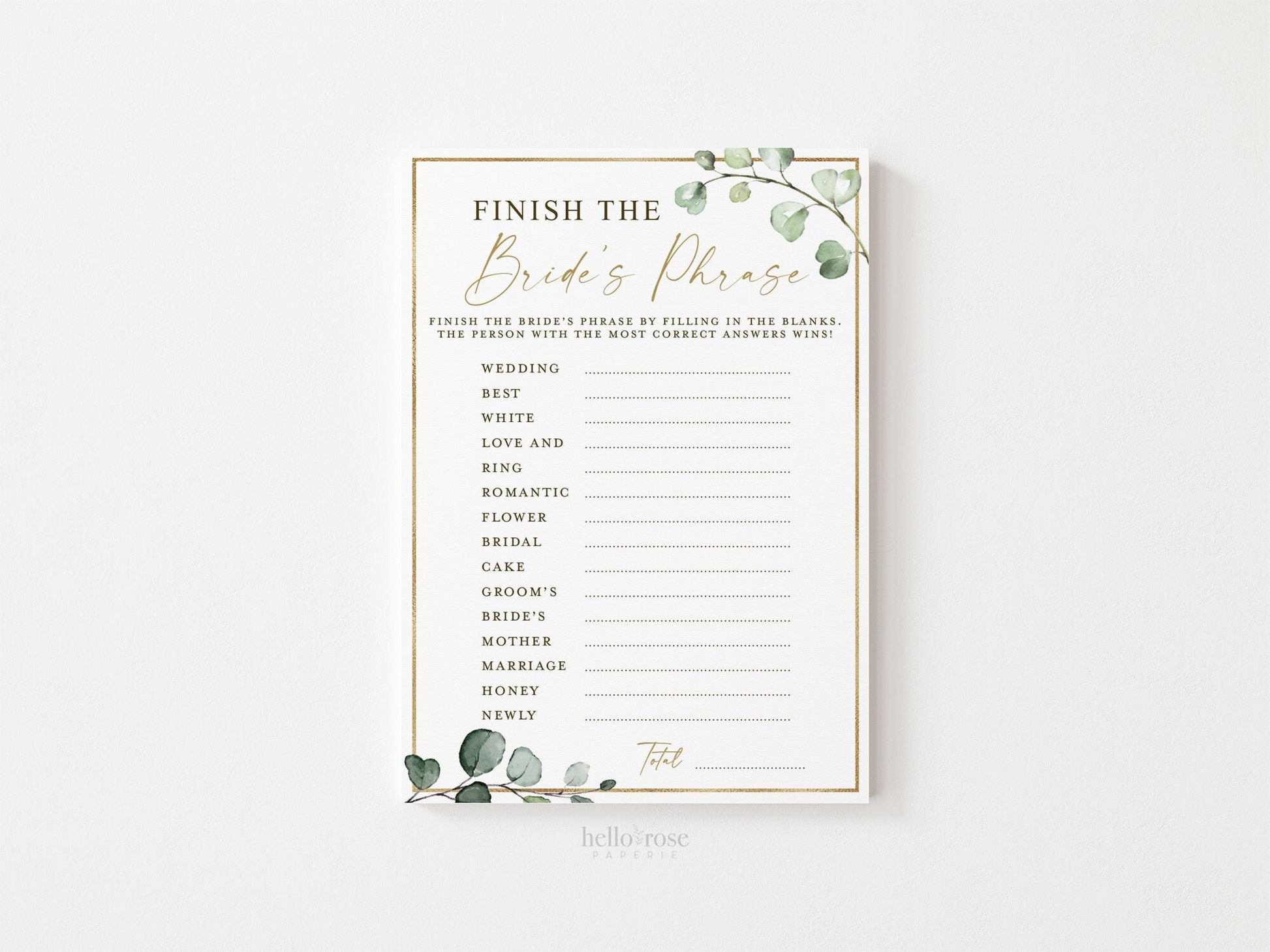 Finish the Bride's Phrase Bridal Shower Printable Game . Greenery and Gold . Fun Boho Game . Hens Bachelorette Party . Instant Download G2