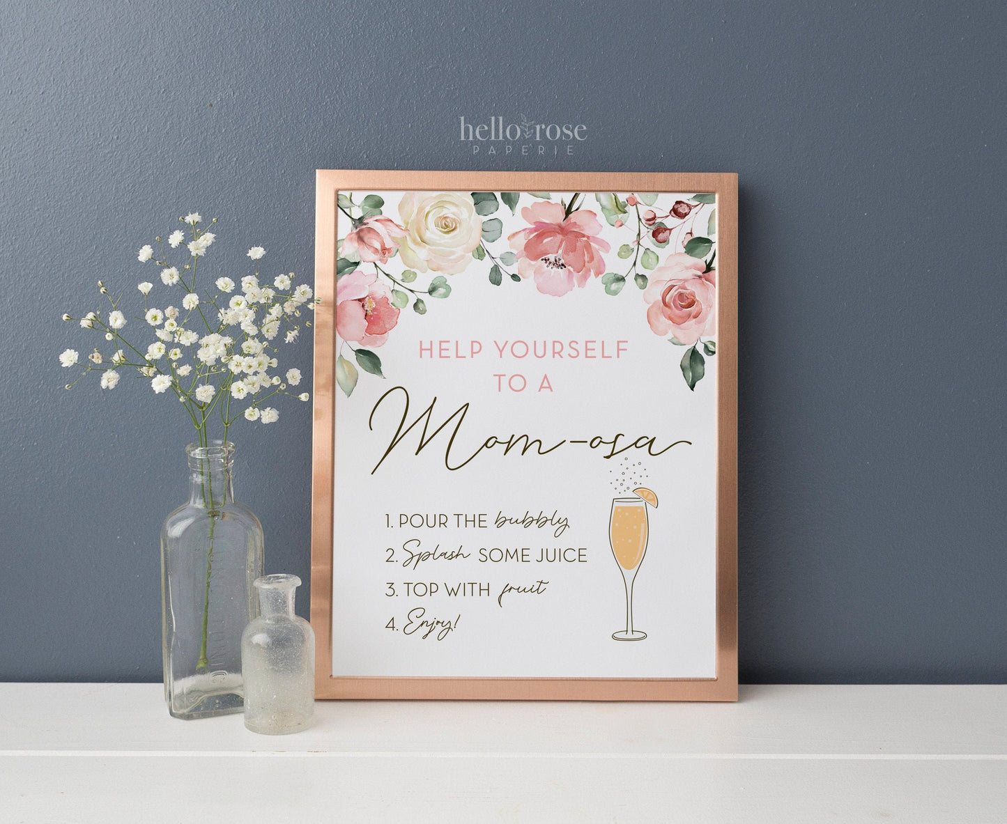 MOMosa Bar Sign Printable . Pink Floral Greenery Watercolor . Baby Shower Bubbly Mimosa Bar Sign . Instant Download 8x10