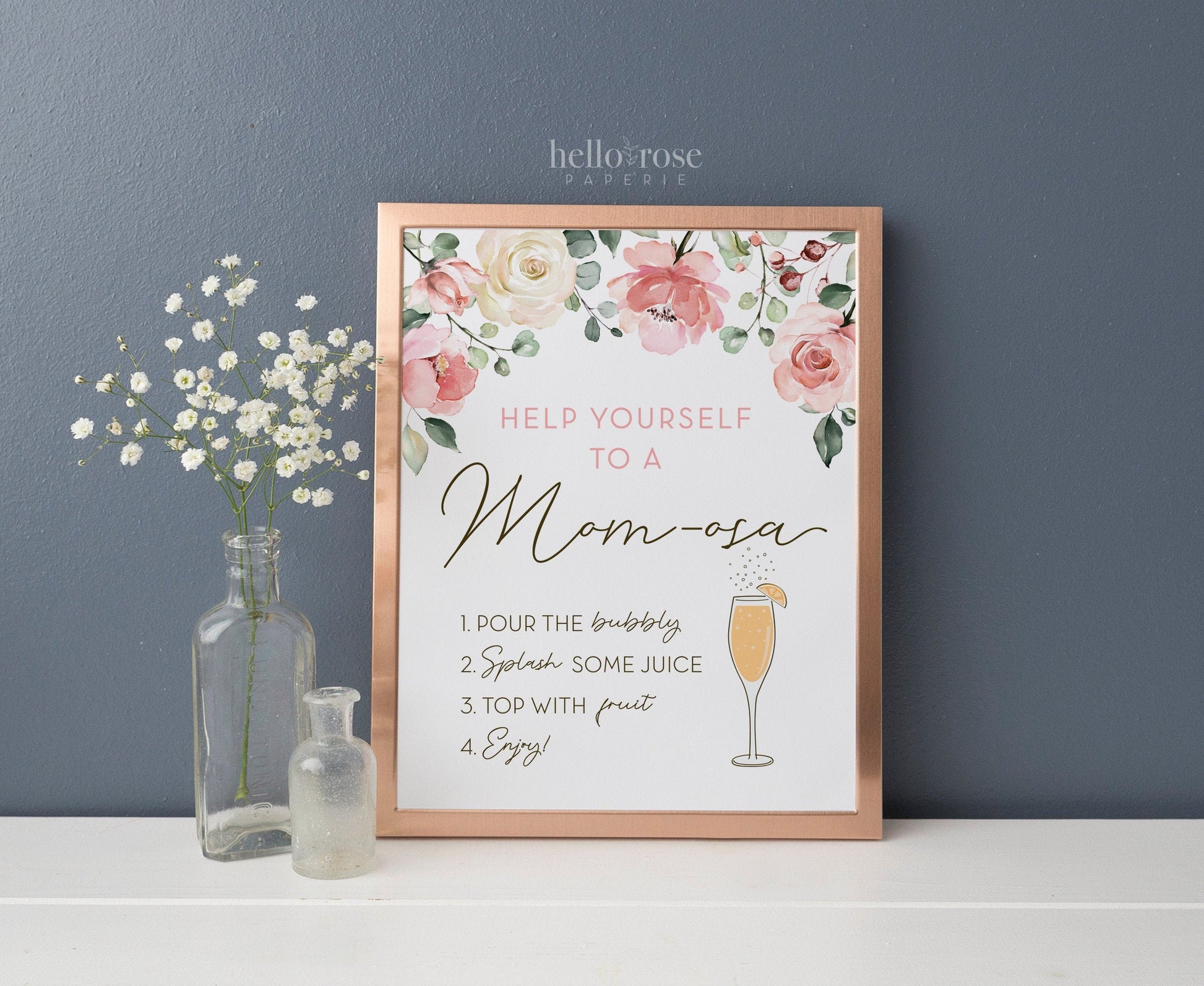 MOMosa Bar Sign Printable . Pink Floral Greenery Watercolor . Baby Shower Bubbly Mimosa Bar Sign . Instant Download 8x10
