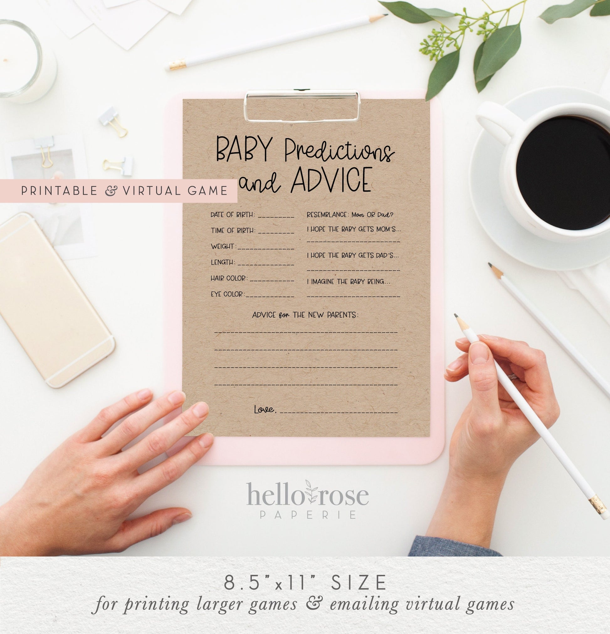 Baby Predictions and Advice Card Baby Shower Game . Advice Card for Parents Keepsake . Kraft + Minimalist Black White . Instant Download K4