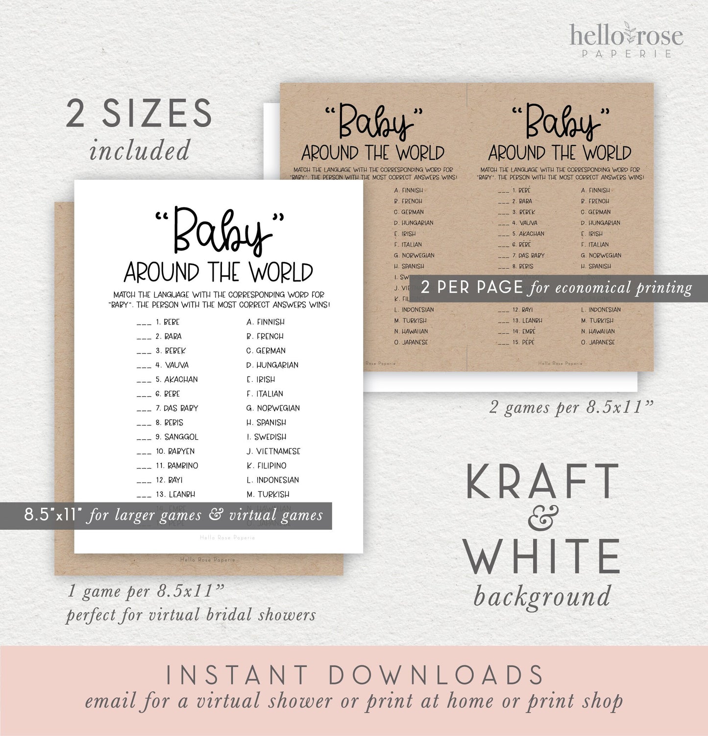 Baby Around the World Baby Shower Game . Baby in Other Languages . Virtual + Printable Game . Kraft + Black White . Instant Download . K4
