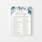 Country Love Songs Bridal Shower Printable Trivia Game . Blue Floral Roses Eucalyptus Rustic . Hens Bachelorette Party . Instant Download