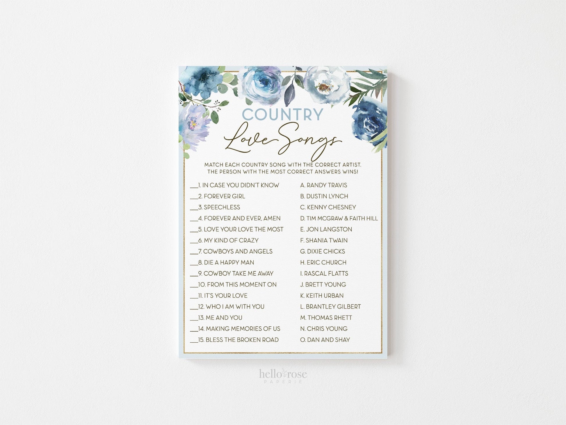Country Love Songs Bridal Shower Printable Trivia Game . Blue Floral Roses Eucalyptus Rustic . Hens Bachelorette Party . Instant Download