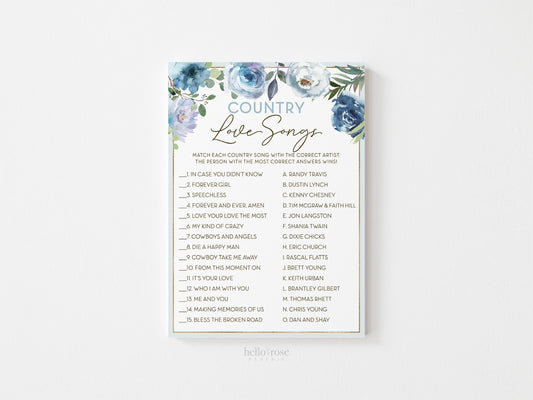 Country Love Songs Bridal Shower Printable Trivia Game . Blue Floral Roses Eucalyptus Rustic . Hens Bachelorette Party . Instant Download