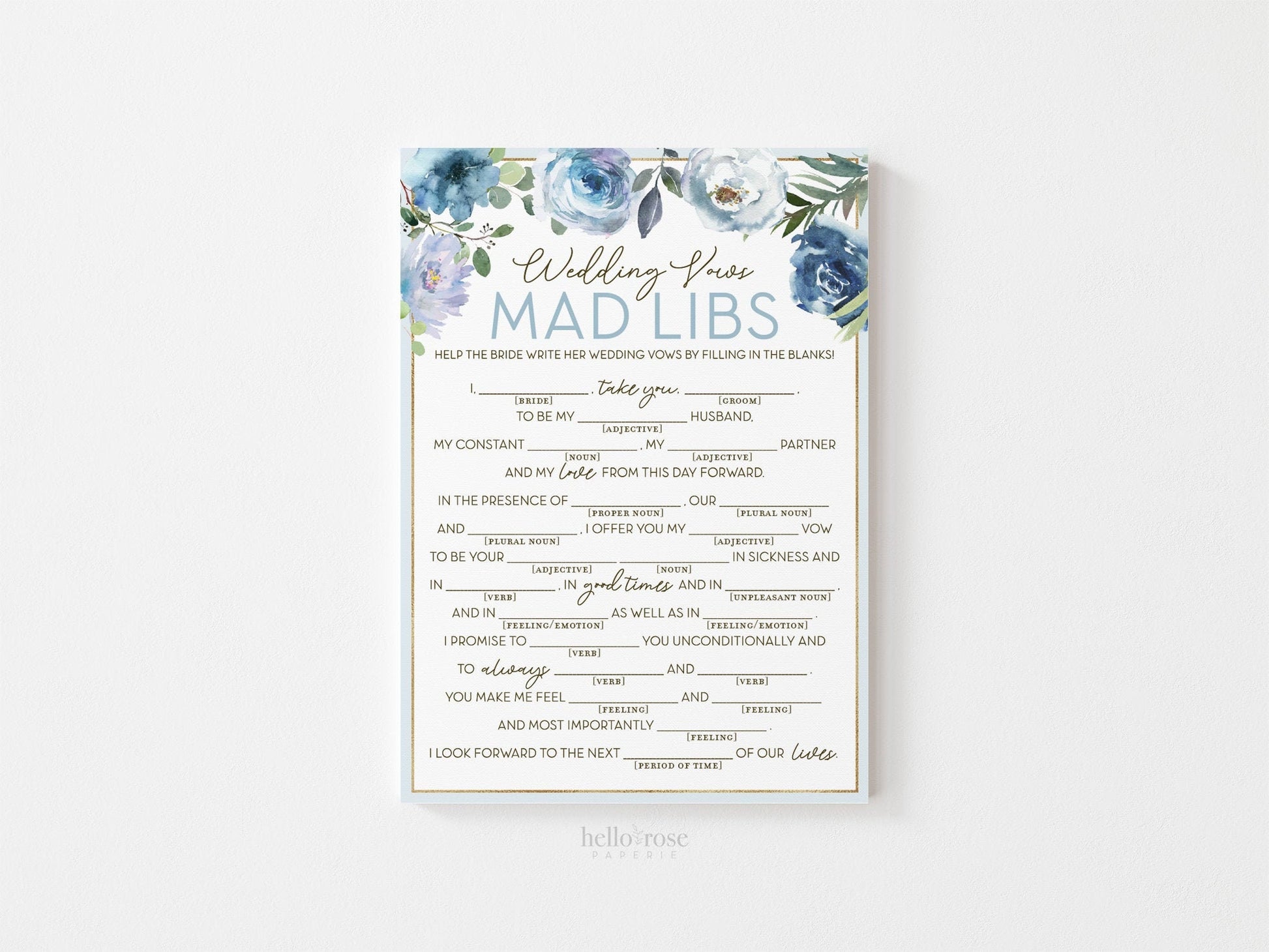 Wedding Vows Mad Libs Fun Bridal Shower Printable Game . Blue Floral Roses Eucalyptus Rustic . Hens Bachelorette Party . Instant Download