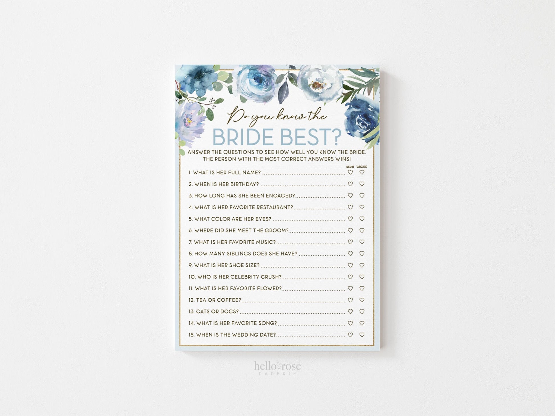 Do You Know the Bride Best Bridal Shower Printable Game . Blue Floral Roses Eucalyptus Rustic . Hens Bachelorette Party . Instant Download