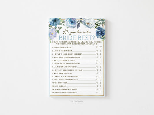 Do You Know the Bride Best Bridal Shower Printable Game . Blue Floral Roses Eucalyptus Rustic . Hens Bachelorette Party . Instant Download