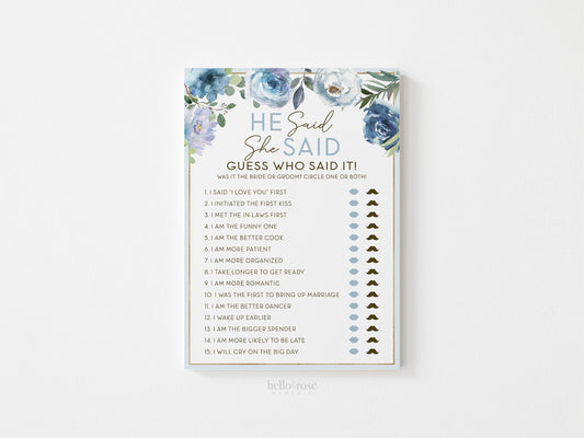 He Said She Said Who Said It Bridal Shower Printable Game . Blue Floral Roses Eucalyptus Rustic . Hens Bachelorette Party . Instant Download