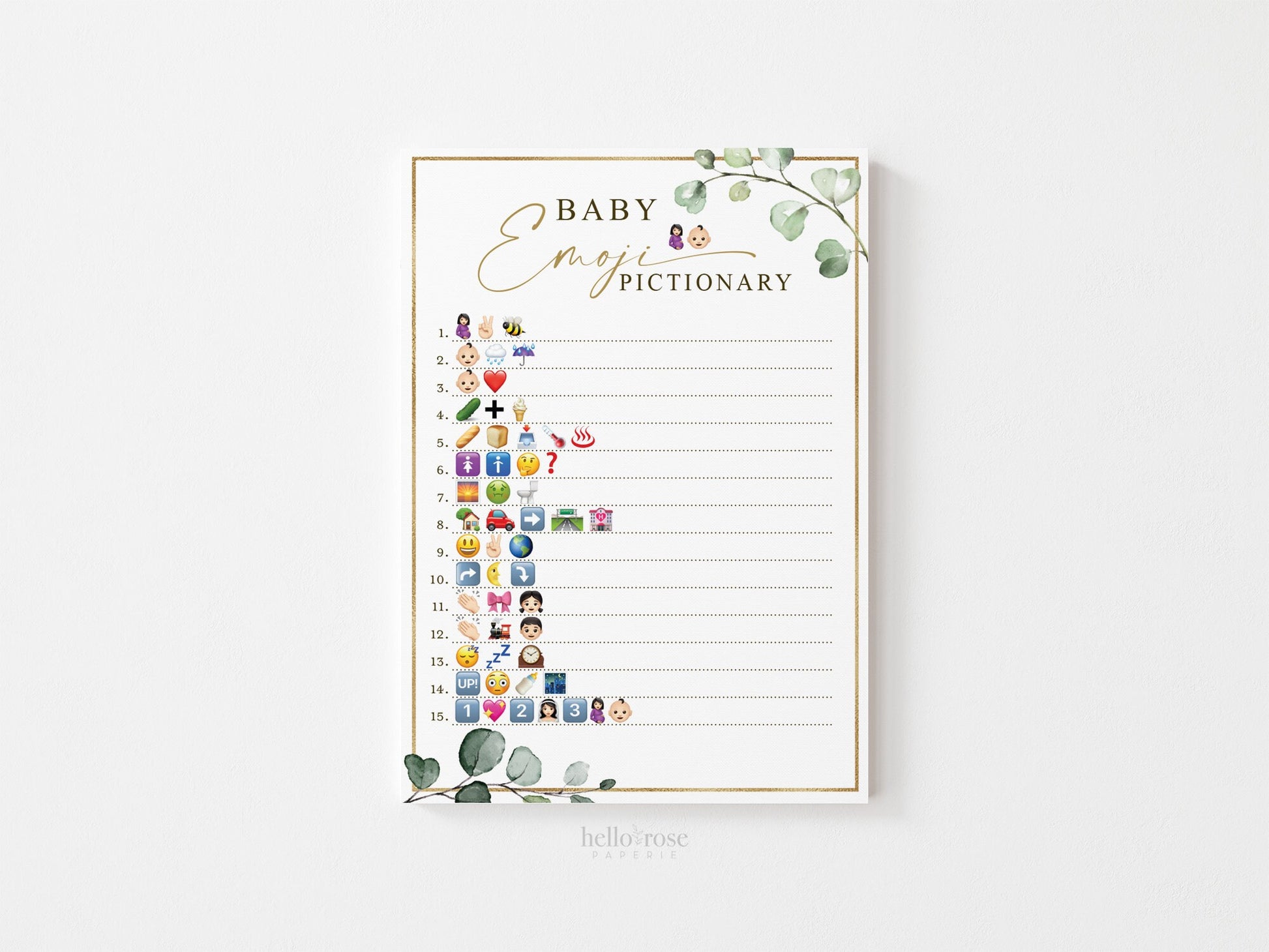 Baby Emoji Pictionary Baby Shower Game . Greenery and Gold . Printable Icebreaker Fun Game . Rustic Boho Eucalyptus . Instant Download G2