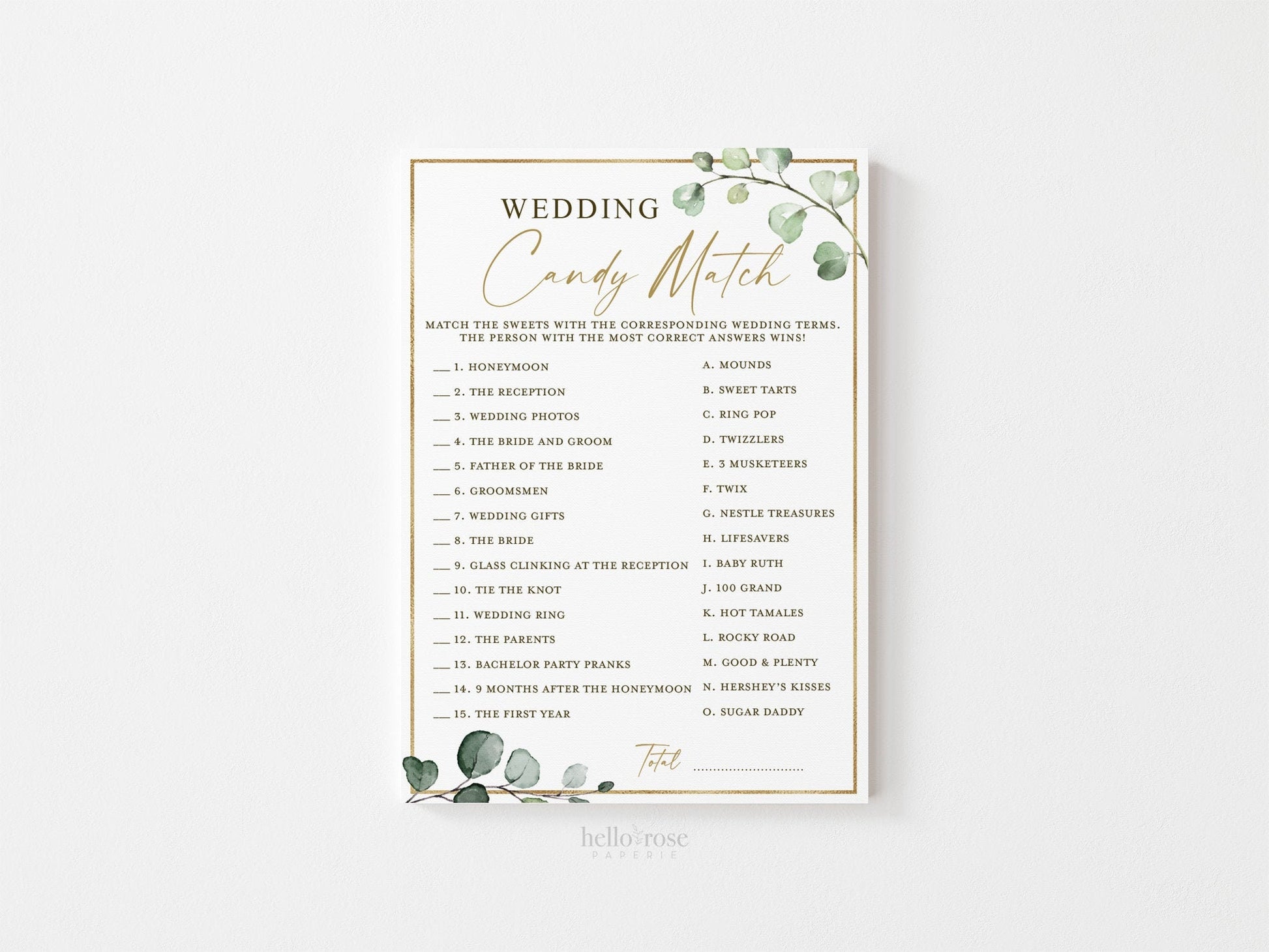 Wedding Candy Match Bridal Shower Trivia Game . Greenery and Gold . Hens Bachelorette Party . Rustic Boho . Printable Instant Download G2