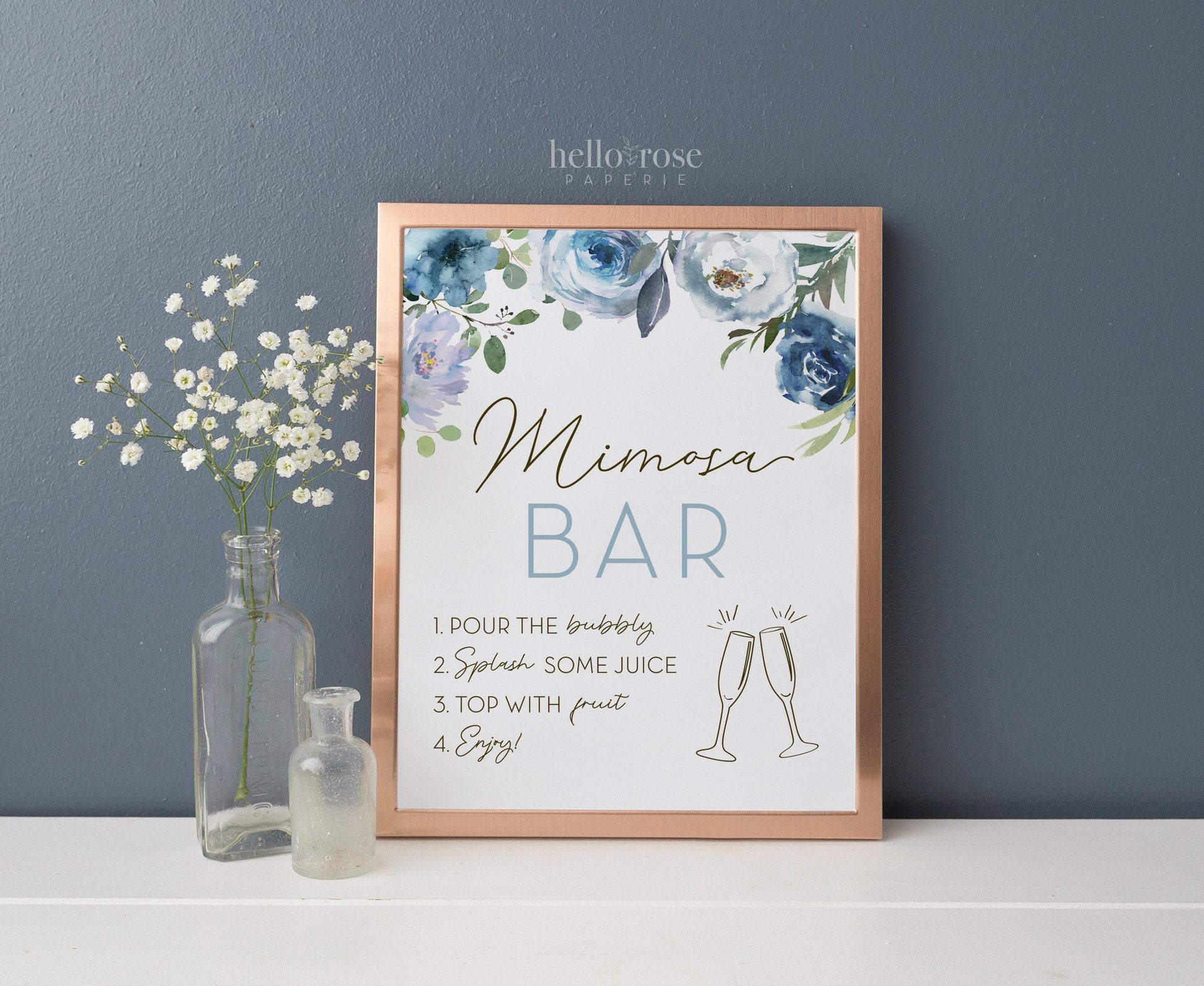 Mimosa Bar Printable Table Sign 8x10 . Blue Floral Watercolor . Baby Shower Bridal Shower Wedding Bachelorette Hens Party . Instant Download