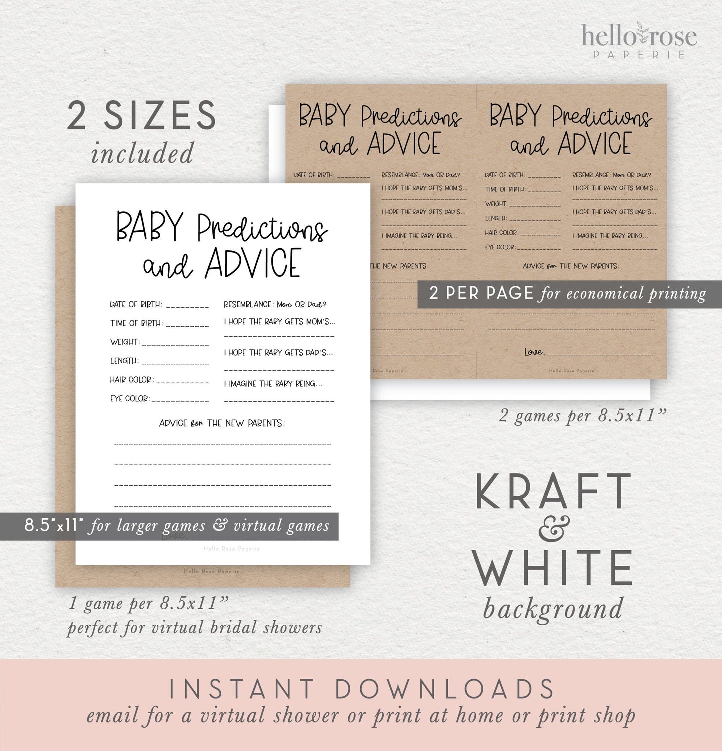 Baby Predictions and Advice Card Baby Shower Game . Advice Card for Parents Keepsake . Kraft + Minimalist Black White . Instant Download K4