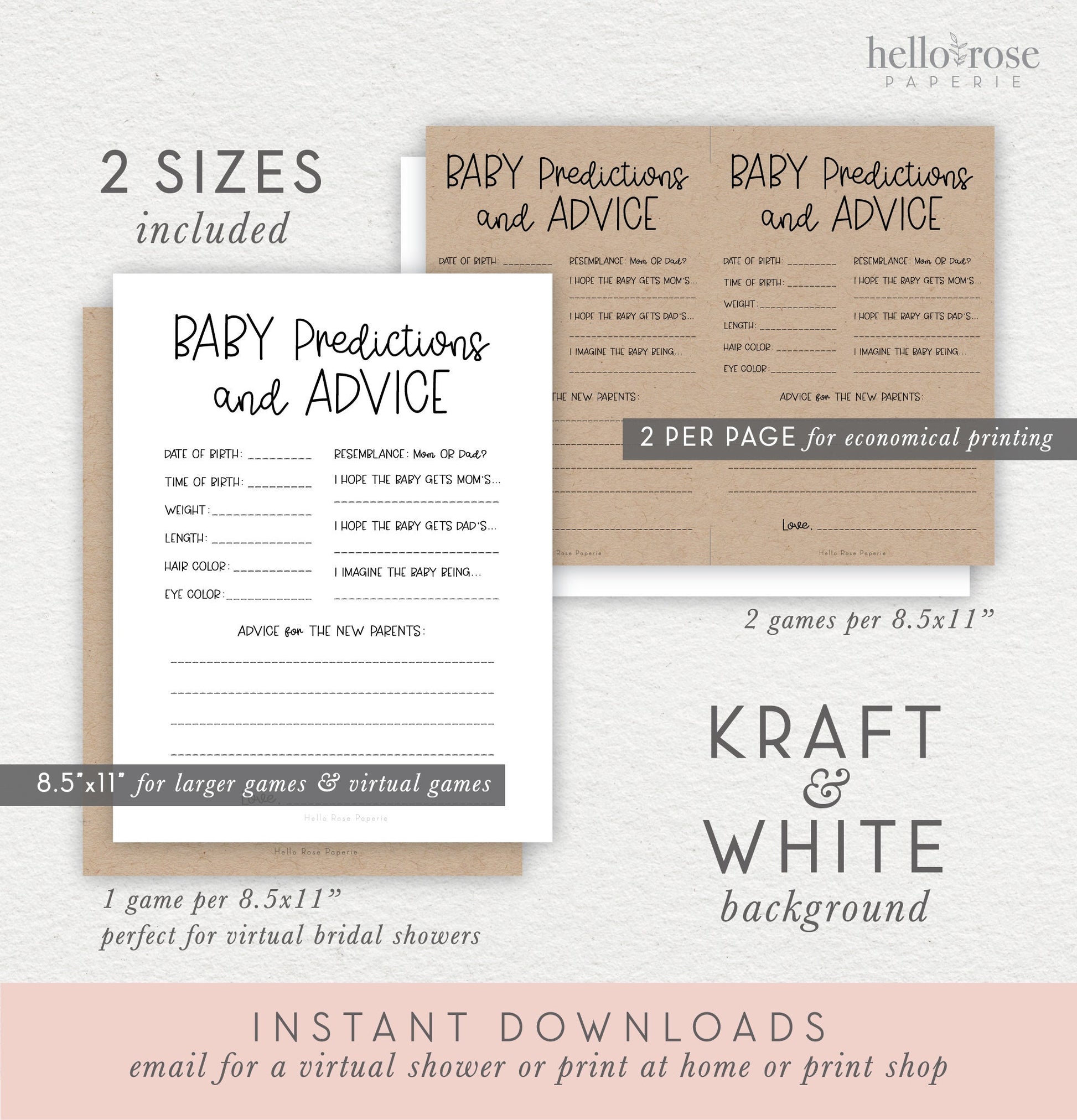Baby Predictions and Advice Card Baby Shower Game . Advice Card for Parents Keepsake . Kraft + Minimalist Black White . Instant Download K4