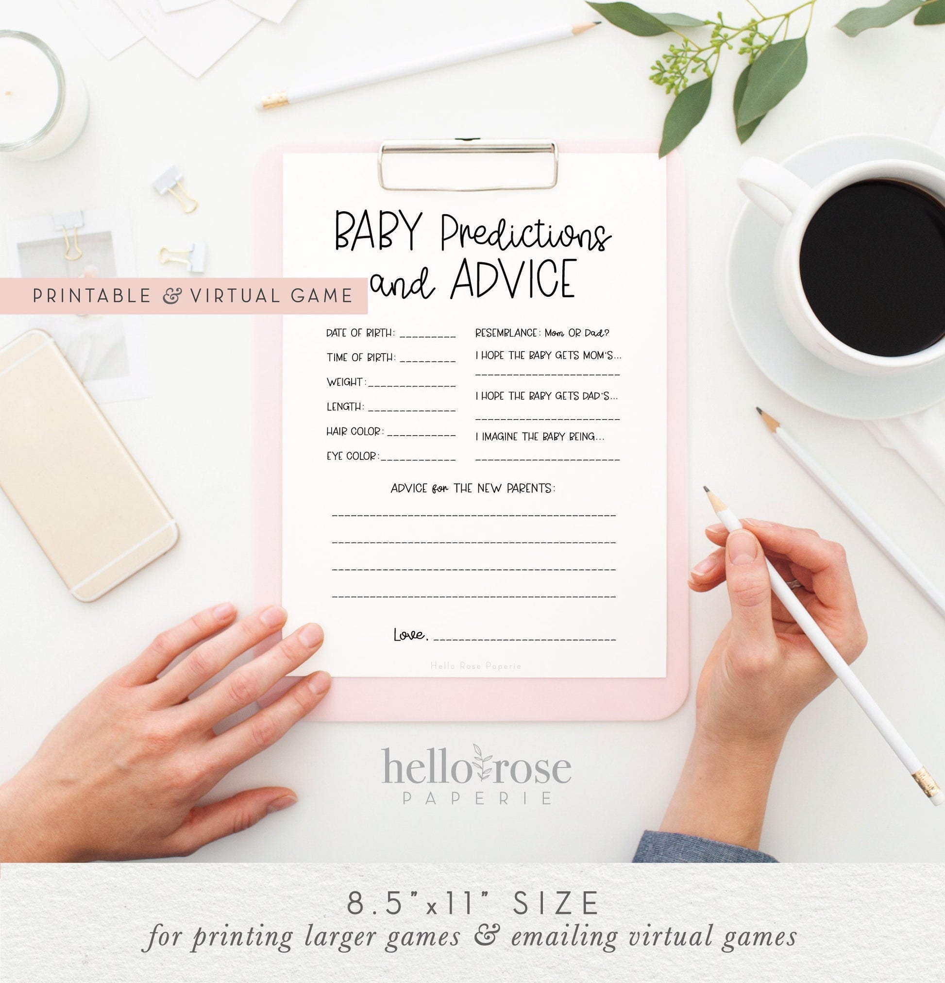 Baby Predictions and Advice Card Baby Shower Game . Advice Card for Parents Keepsake . Kraft + Minimalist Black White . Instant Download K4