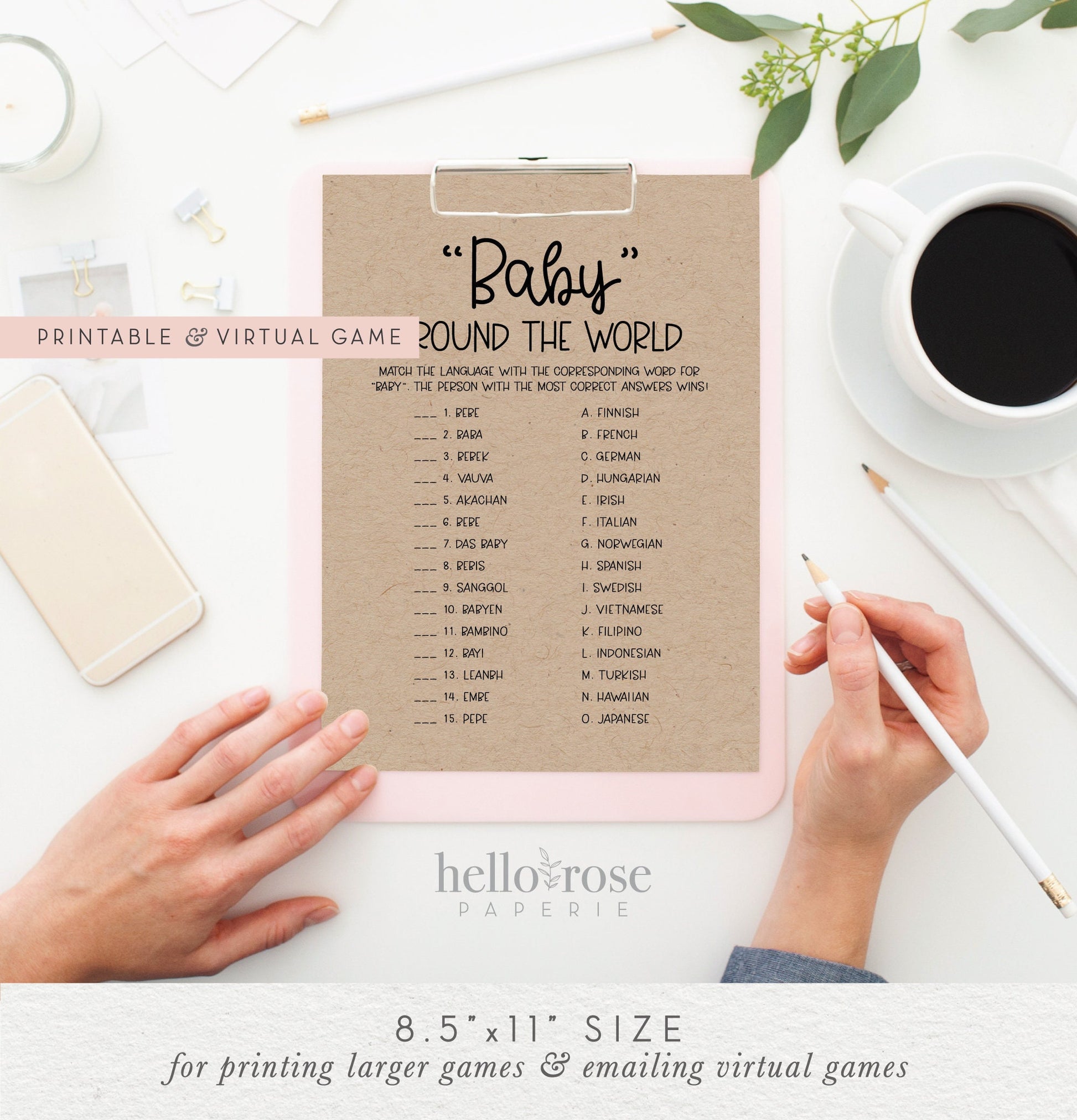Baby Around the World Baby Shower Game . Baby in Other Languages . Virtual + Printable Game . Kraft + Black White . Instant Download . K4