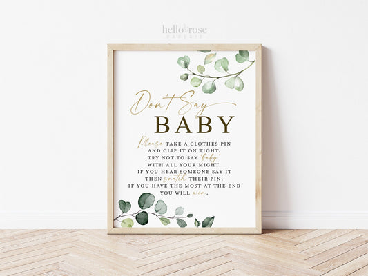 Don't Say Baby Clothespin Baby Shower Game Table Sign . Greenery and Gold . Baby Shower Printable Game . Instant Download 8x10 G2