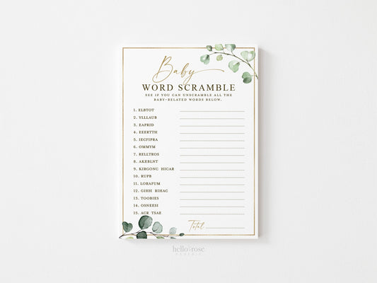 Baby Word Scramble Baby Shower Game . Greenery and Gold . Printable Icebreaker . Sip and See Gender Reveal . Instant Download G2