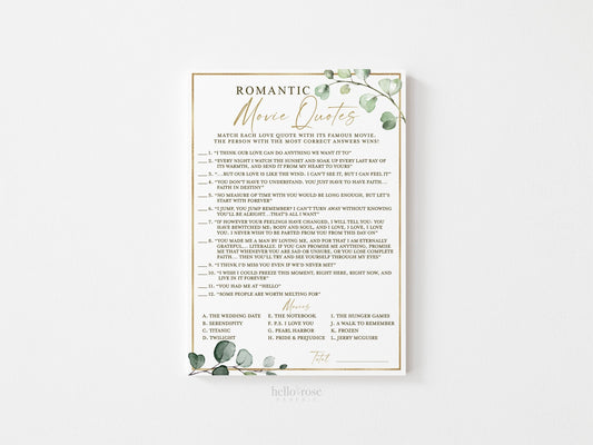 Romantic Movie Quotes . Printable Bridal Shower Wedding Game . Greenery and Gold . Bachelorette Party . Instant Download G2