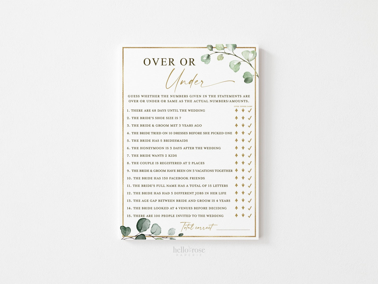 Over or Under Bridal Shower Printable Game . Wedding Couples Shower . Greenery and Gold . Hens Bachelorette Party . Instant Download G2