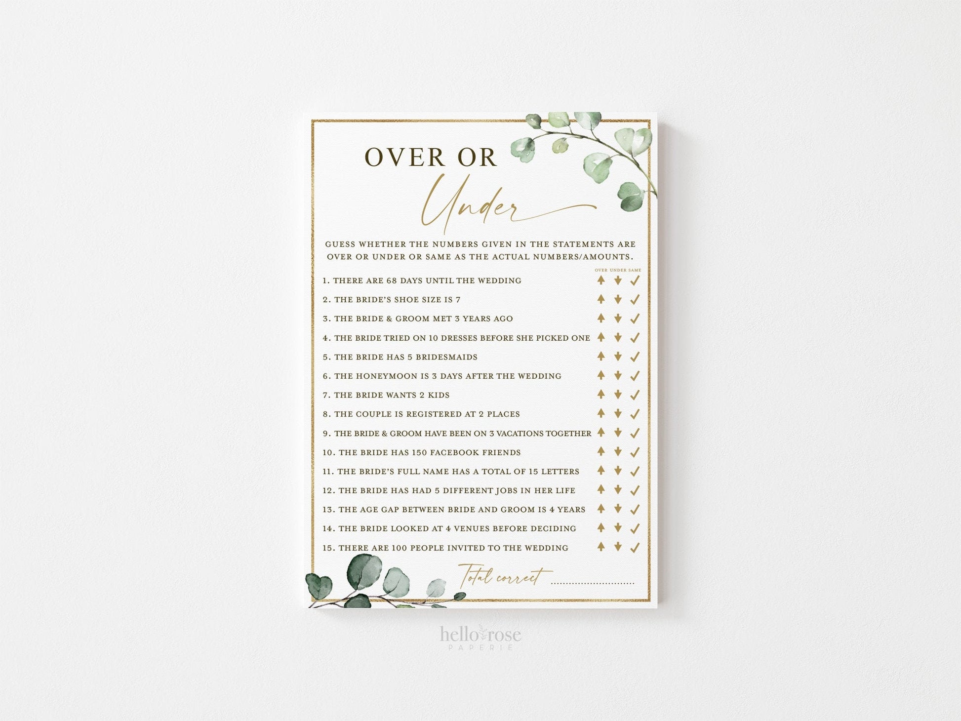 Over or Under Bridal Shower Printable Game . Wedding Couples Shower . Greenery and Gold . Hens Bachelorette Party . Instant Download G2