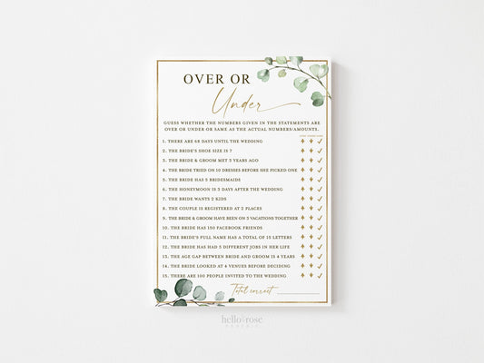 Over or Under Bridal Shower Printable Game . Wedding Couples Shower . Greenery and Gold . Hens Bachelorette Party . Instant Download G2