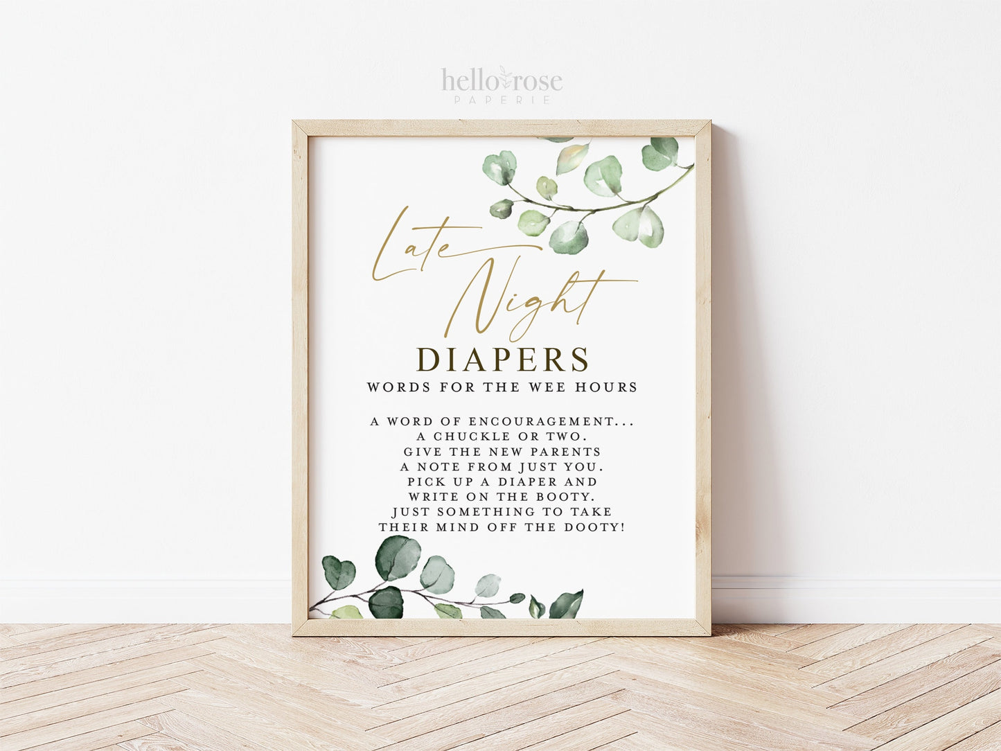 Late Night Diapers Words for the Wee Hours Baby Shower Game Table Sign . Boy Girl Neutral . Greenery + Gold Boho . 8x10 Instant Download G2